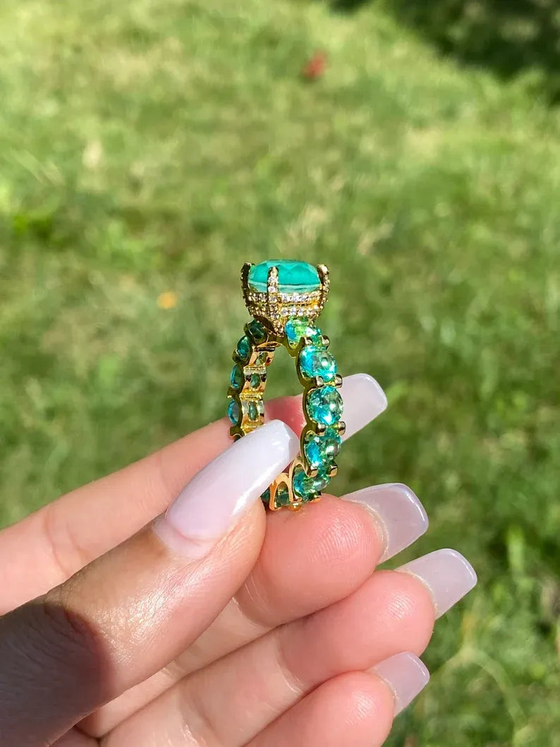 100% Genuine Columbia Emerald Gem Multi Gemstone Ring Band, Handcrafted Masterpiece, Natural Emerald Ring, Emerald Engagement Ring