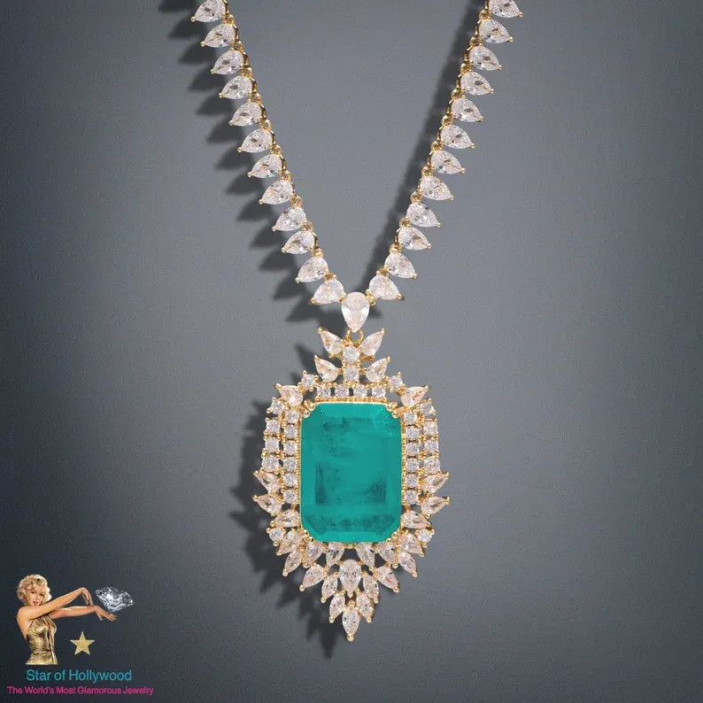 For a Queen, Imperial Elegance, Natural Colombian Emerald Charm Necklace with Exotic Neon Color and Glow, Crafted in 18K Yellow Gold Vermeil