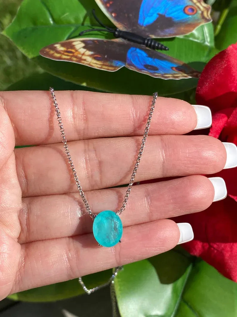 Eye Popping Glowing Natural Paraiba Tourmaline Necklace, Dainty Necklace Pendant, Paraiba Jewelry, Amazing Color &amp; Glow 925 Sterling Silver