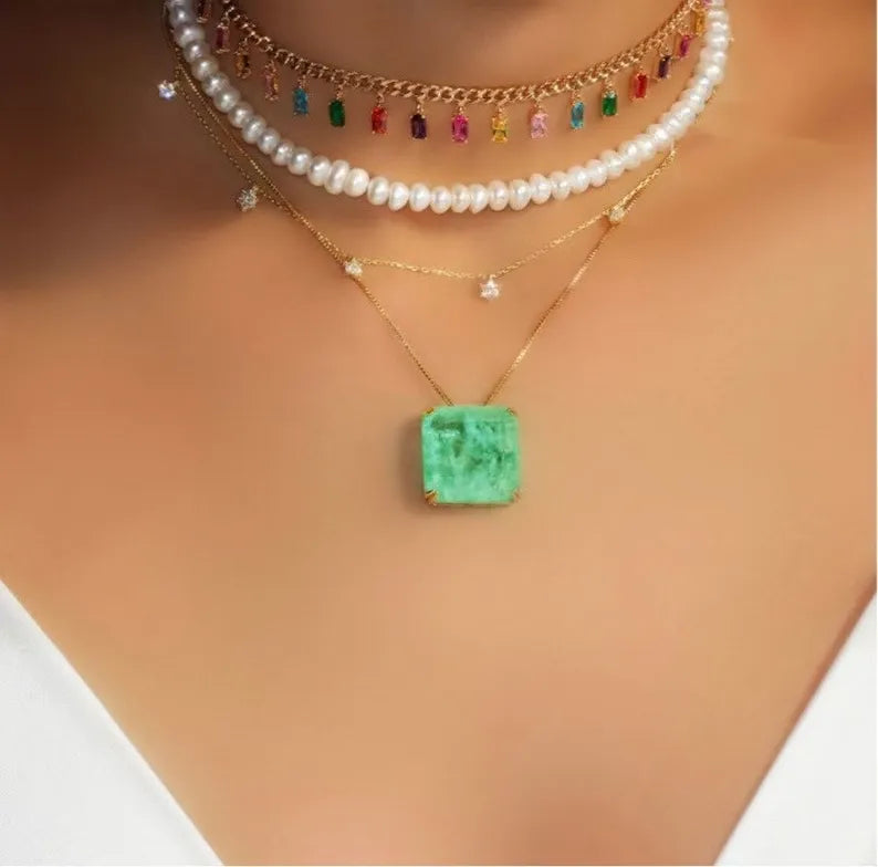 Mesmerizing Natural Green Colombian Emerald Necklace, Emerald May Birthstone, Natural Gemstone Dainty Necklace Emerald Pendant, Gift for Her
