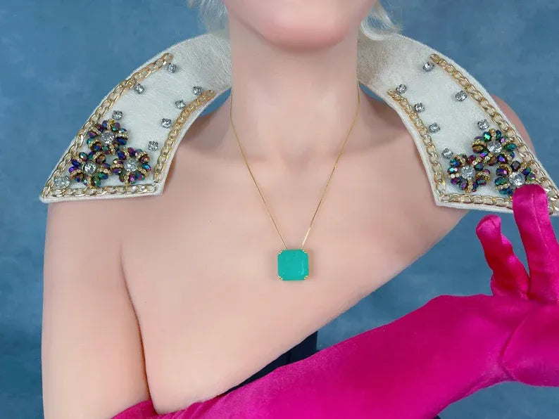 Bethany Ciotola Necklace Vibrant Green Princess Cut Natural Neon Colombian Emerald Solitaire Necklace 18K Yellow Gold Vermeil