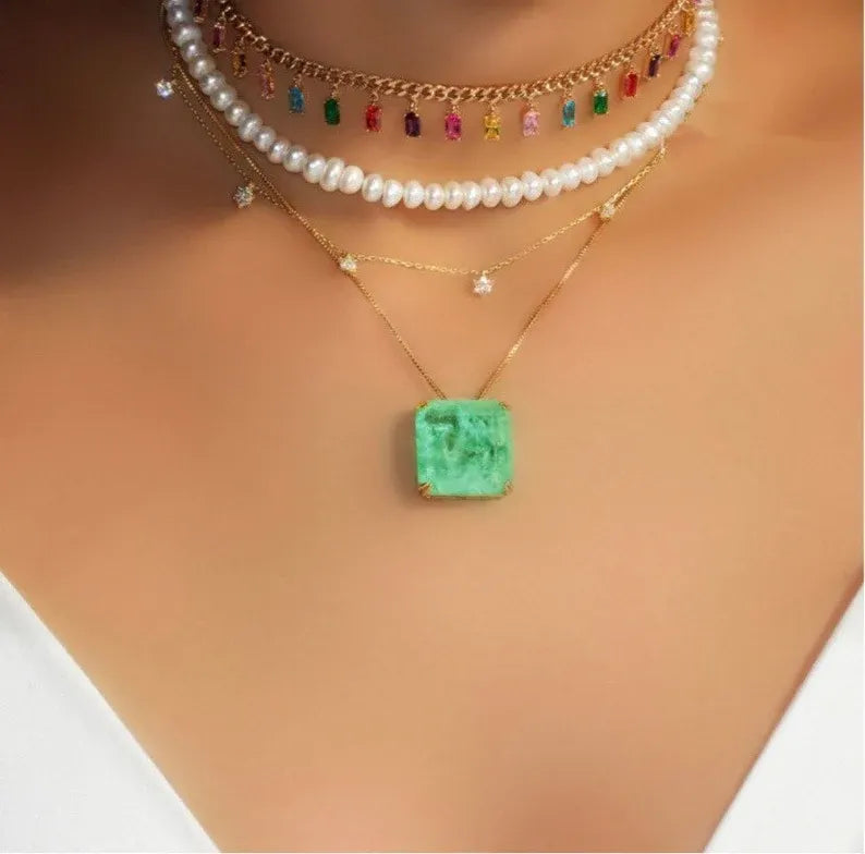 Bethany Ciotola Necklace Vibrant Green Princess Cut Natural Neon Colombian Emerald Solitaire Necklace 18K Yellow Gold Vermeil