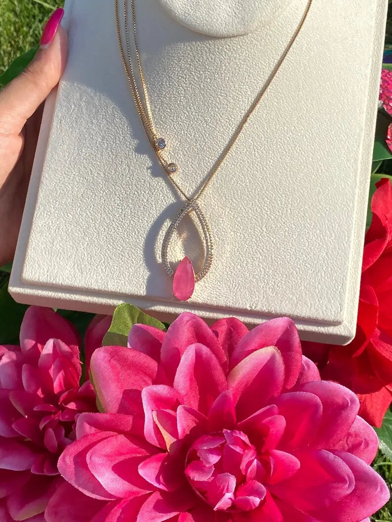 Dainty 3Ct Natural Pink Kunzite and Crystals Necklace Pendant 18K Yellow Gold Vermeil Jewelry