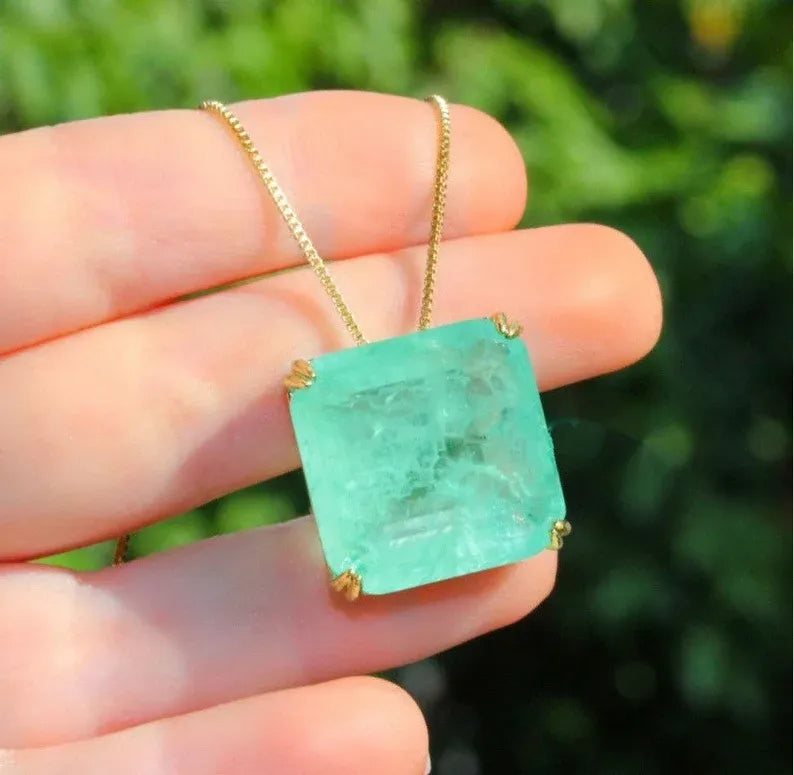 Bethany Ciotola Necklace Vibrant Green Princess Cut Natural Neon Colombian Emerald Solitaire Necklace 18K Yellow Gold Vermeil