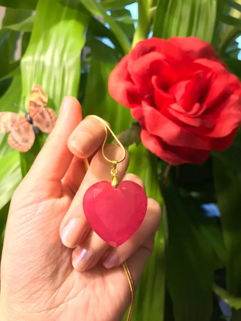 Queen of Hearts Ruby Necklace Top Quality Natural Ruby Rough Gemstone Brazil Fuchsia Pink Ruby Raw Necklace July Birthstone, Gifts for her