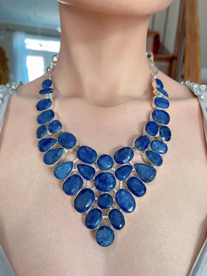 Luxury Gift 100% Natural Blue Sapphire Necklace, Multi strand Charm Necklace, Victorian Style, Wedding, Birthday, Christmas, Any Occasion