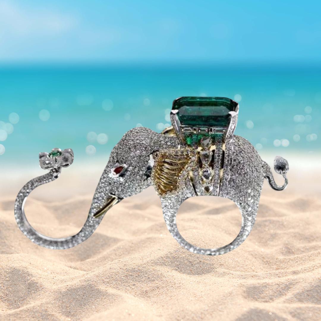 Certified 1001 Nights Queen Elephant Dubai Emerald & Diamond Elephant Ring Masterpiece of Art with 1001 Diamonds, Ruby eyes, Emerald Trunk