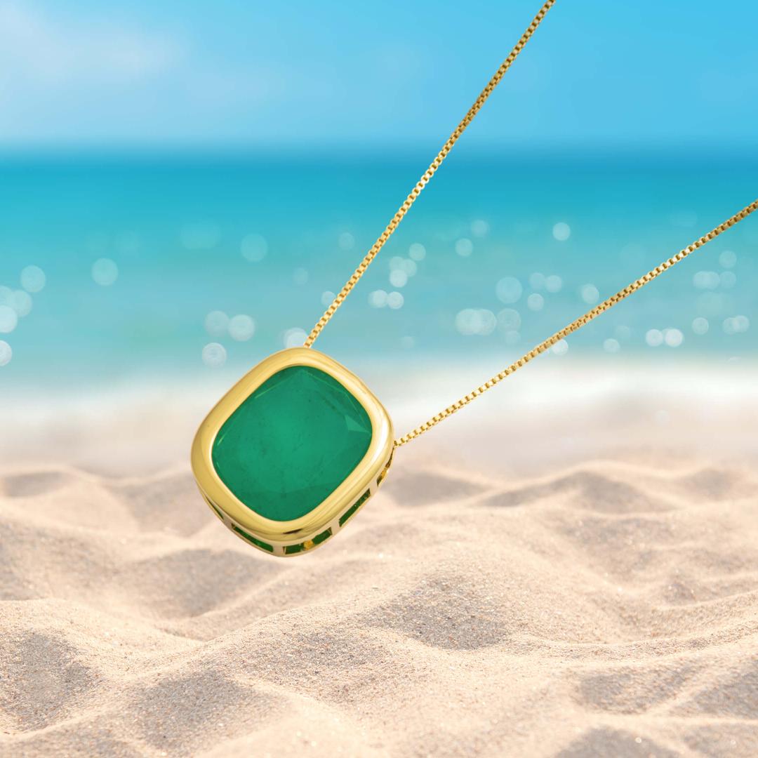 Men Necklace, Solid Emerald Necklace in 18K Gold