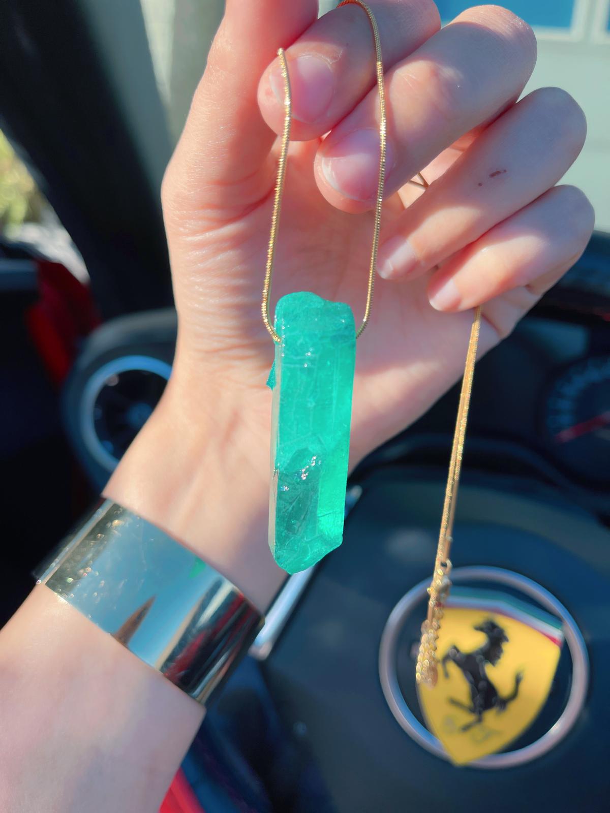 Men Solid Emerald Quartz Rough Necklace in Gold or Silver