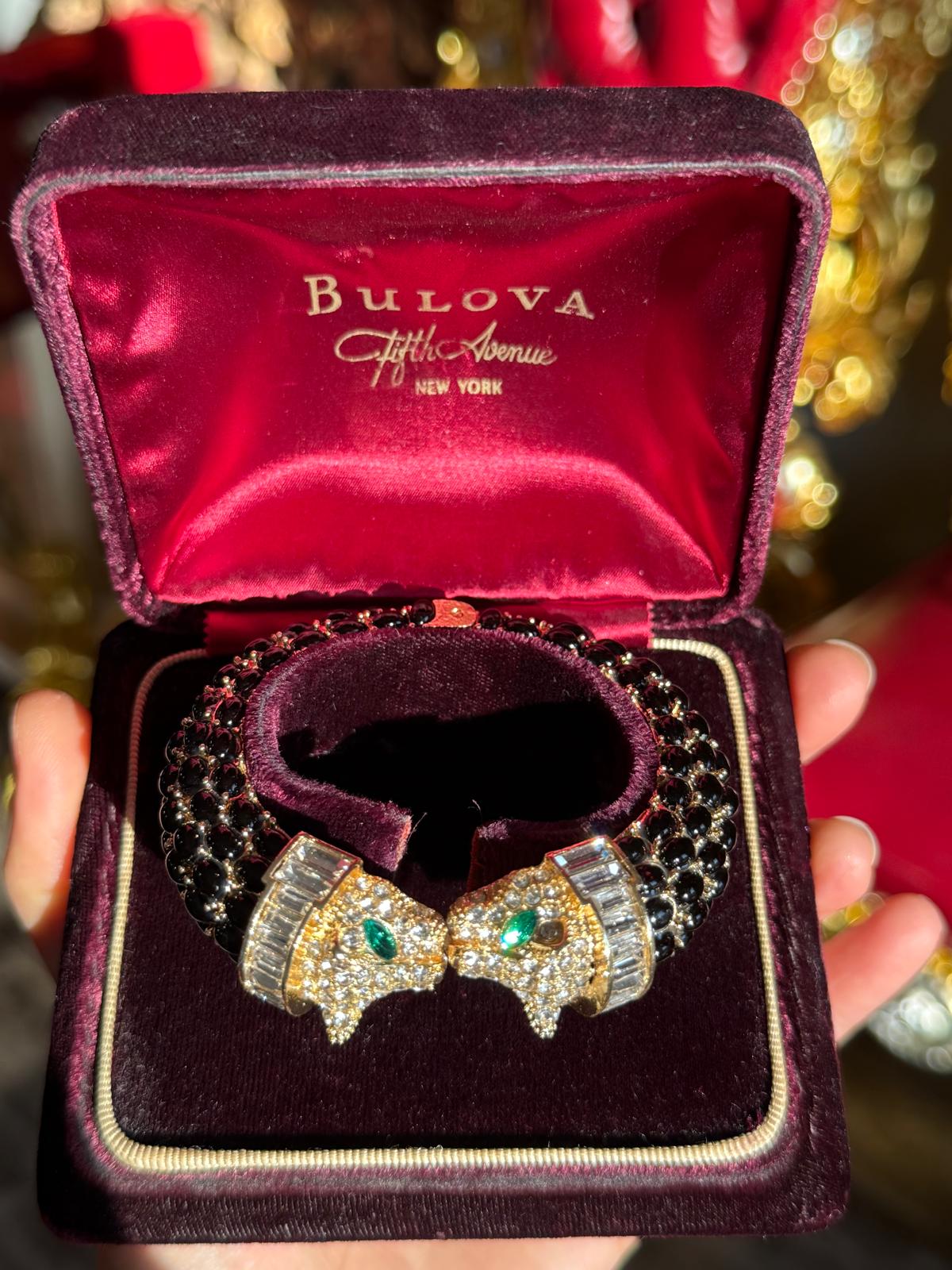 Luxurious Double Head Leopard with Black Spinel, Emeralds, Nano Crystals Bracelet Bangle