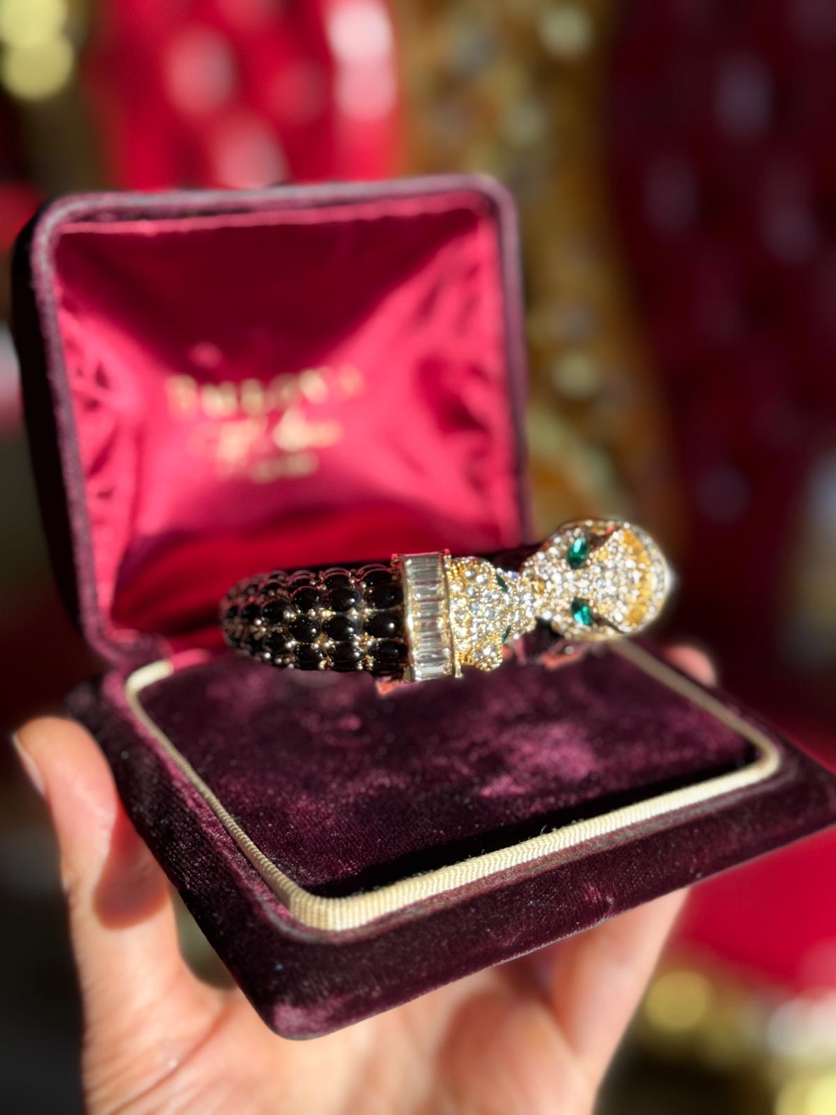 Luxurious Double Head Leopard with Black Spinel, Emeralds, Nano Crystals Bracelet Bangle