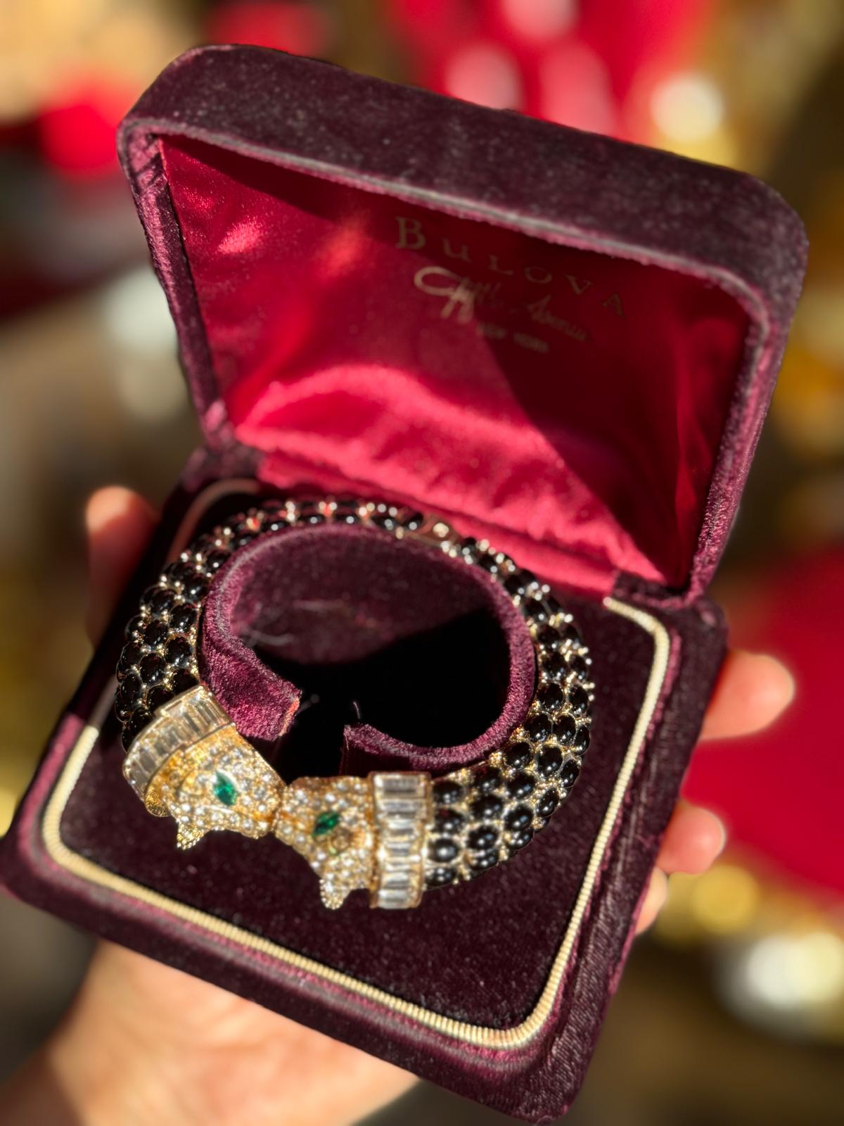 Luxurious Double Head Leopard with Black Spinel, Emeralds, Nano Crystals Bracelet Bangle