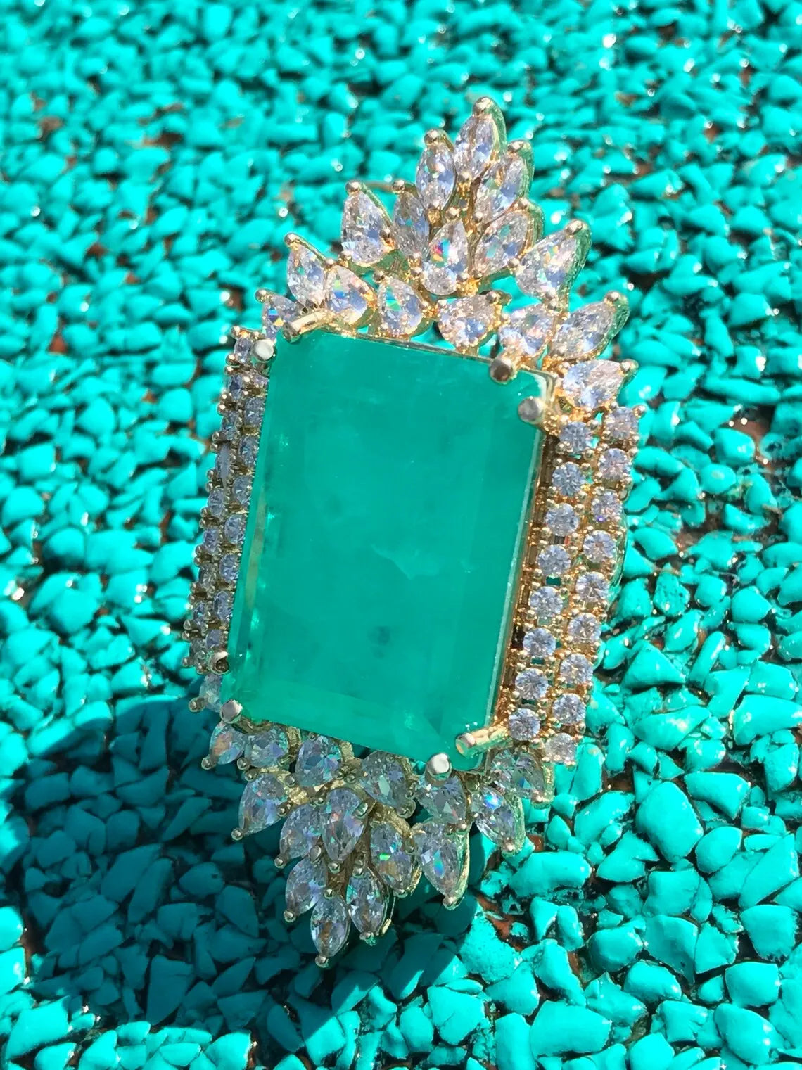 Expensive Extra Large Natural Neon Greenish Blue Colombian Emerald Muzo Ring, Gift for Her