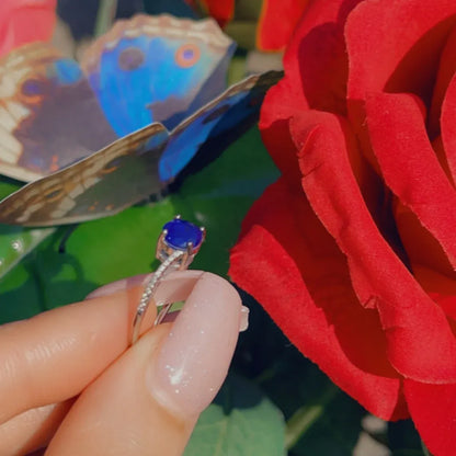 Solitaire 1ct Round Natural Mozambique Blue Sapphire &amp; Diamond Ring, 925 Sterling Silver, Engagement Wedding Ring, Dainty Ring, Promise Ring