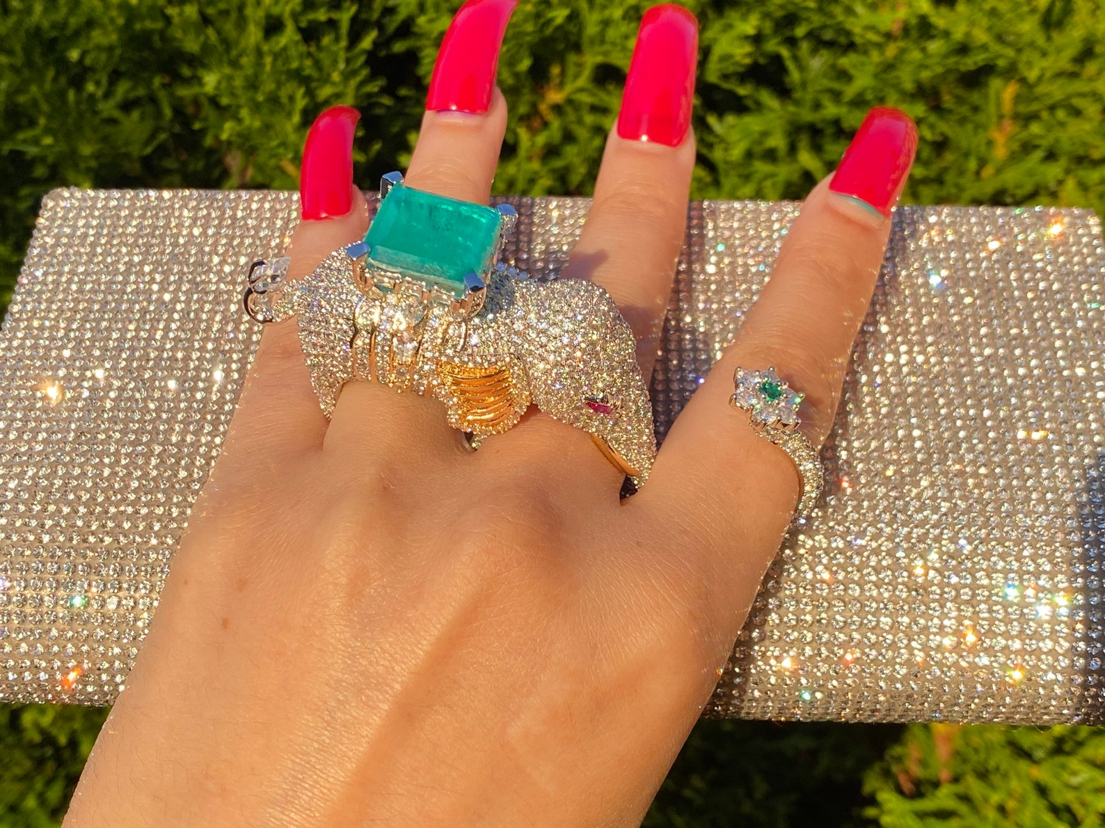 Certified 1001 Nights Queen Elephant Dubai Emerald & Diamond Elephant Ring Masterpiece of Art with 1001 Diamonds, Ruby eyes, Emerald Trunk