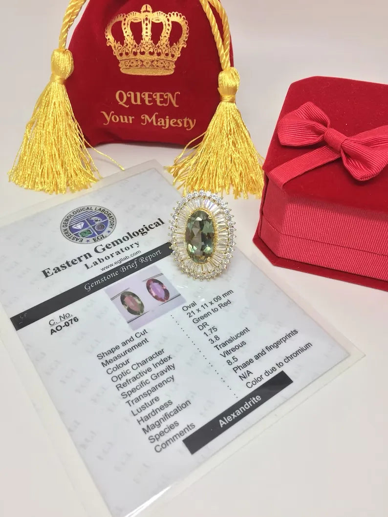 Certified Extra Large Color Change Alexandrite Diamond Ballerina Engagement Ring, Inspired by Queen