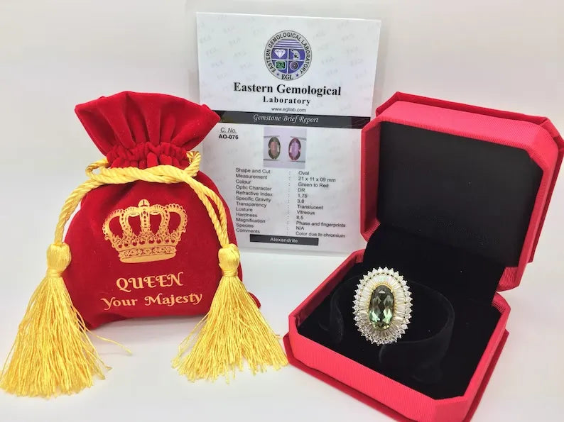 Certified Extra Large Color Change Alexandrite Diamond Ballerina Engagement Ring, Inspired by Queen