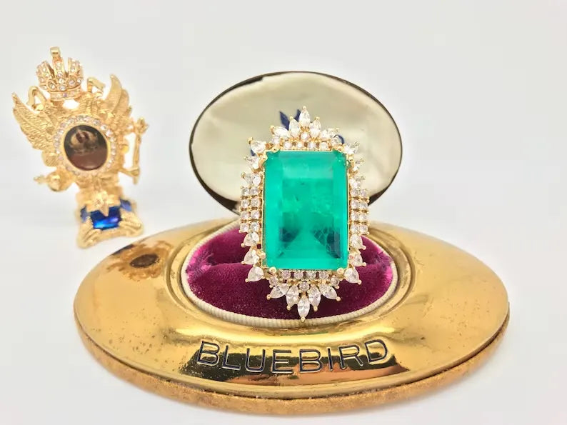 Expensive Extra Large Natural Neon Greenish Blue Colombian Emerald Muzo Ring, Gift for Her