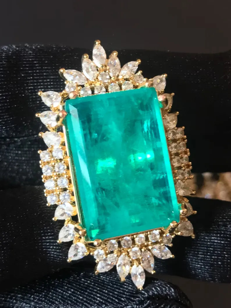 Expensive Extra Large Natural Neon Greenish Blue Colombian Emerald Muzo Ring, Gift for Her