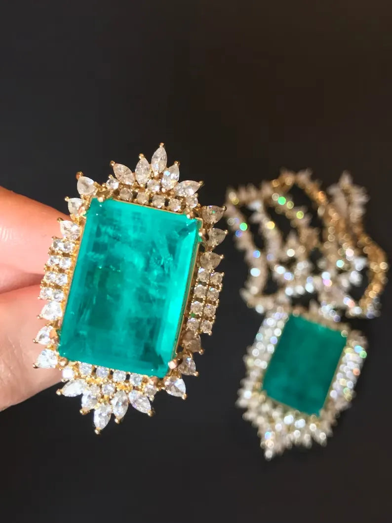 Expensive Extra Large Natural Neon Greenish Blue Colombian Emerald Muzo Ring, Gift for Her