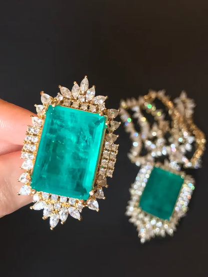Expensive Extra Large Natural Neon Greenish Blue Colombian Emerald Muzo Ring, Gift for Her