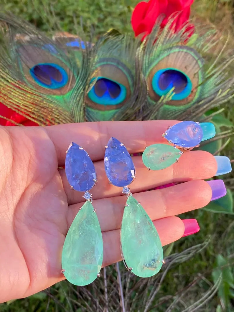 Luxurious Extra Large Natural Glowing Neon Colombian Emerald and Tanzanite Jewelry Set Dangle Drop Earrings and Ring Set