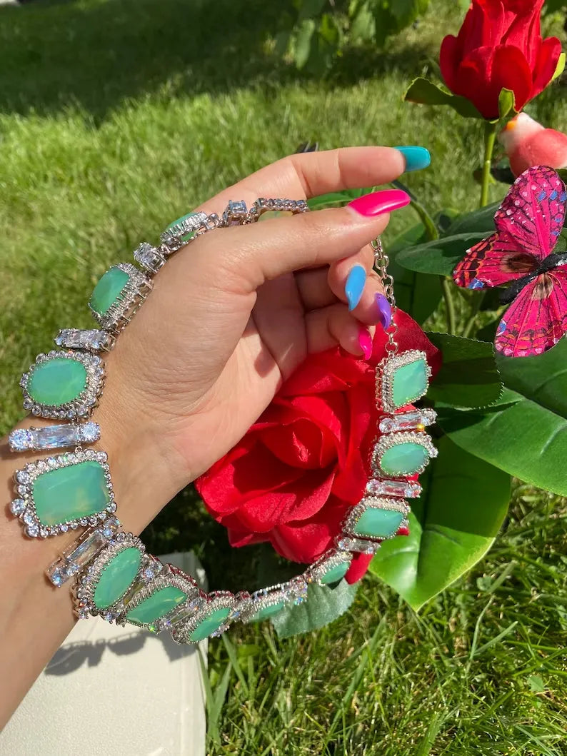 Beyond Luxury, Pale Green Natural Ethiopian Fire Opal and Diamond Choker Necklace, Palladium 925 Sterling Silver, Luxury Gift Charm Necklace