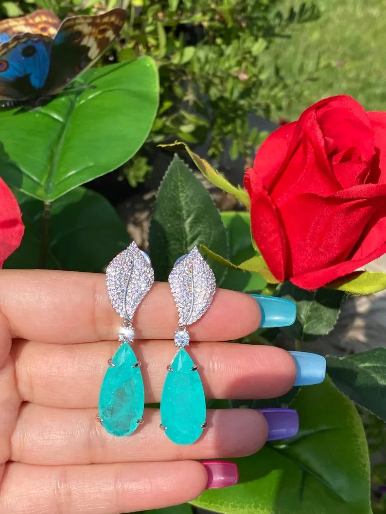 Ocean Blue Natural Paraiba Tourmaline Earrings, Dangle Drop Earrings, with Amazing Neon Blue Colour and Glow 925 Sterling Silver Leaf Design