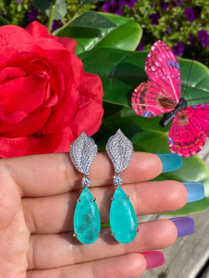 Ocean Blue Natural Paraiba Tourmaline Earrings, Dangle Drop Earrings, with Amazing Neon Blue Colour and Glow 925 Sterling Silver Leaf Design