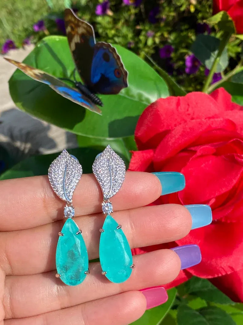 Ocean Blue Natural Paraiba Tourmaline Earrings, Dangle Drop Earrings, with Amazing Neon Blue Colour and Glow 925 Sterling Silver Leaf Design