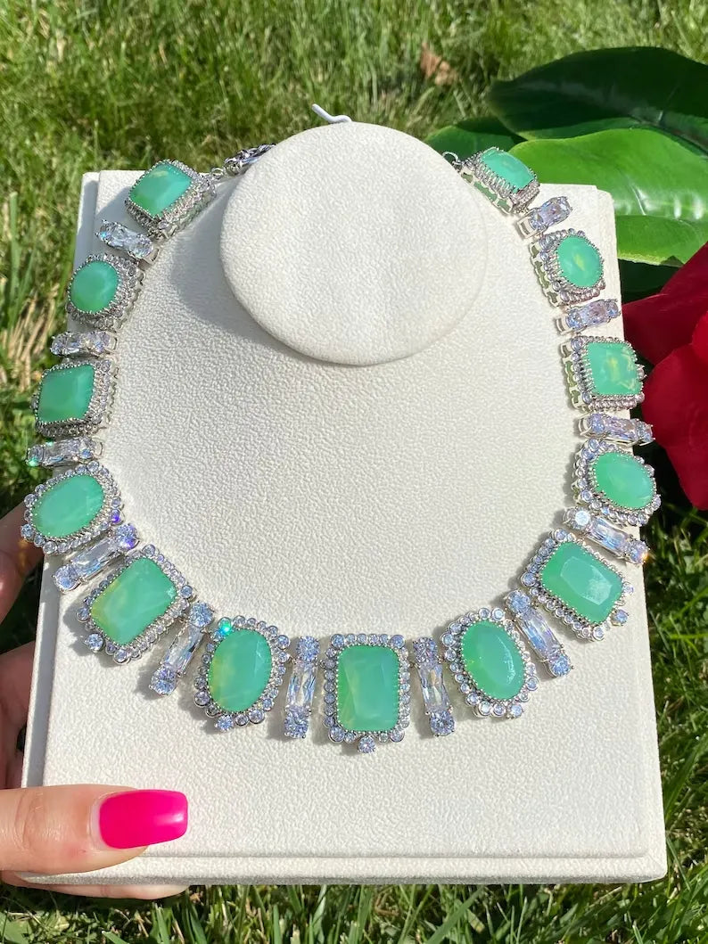 Beyond Luxury, Pale Green Natural Ethiopian Fire Opal and Diamond Choker Necklace, Palladium 925 Sterling Silver, Luxury Gift Charm Necklace