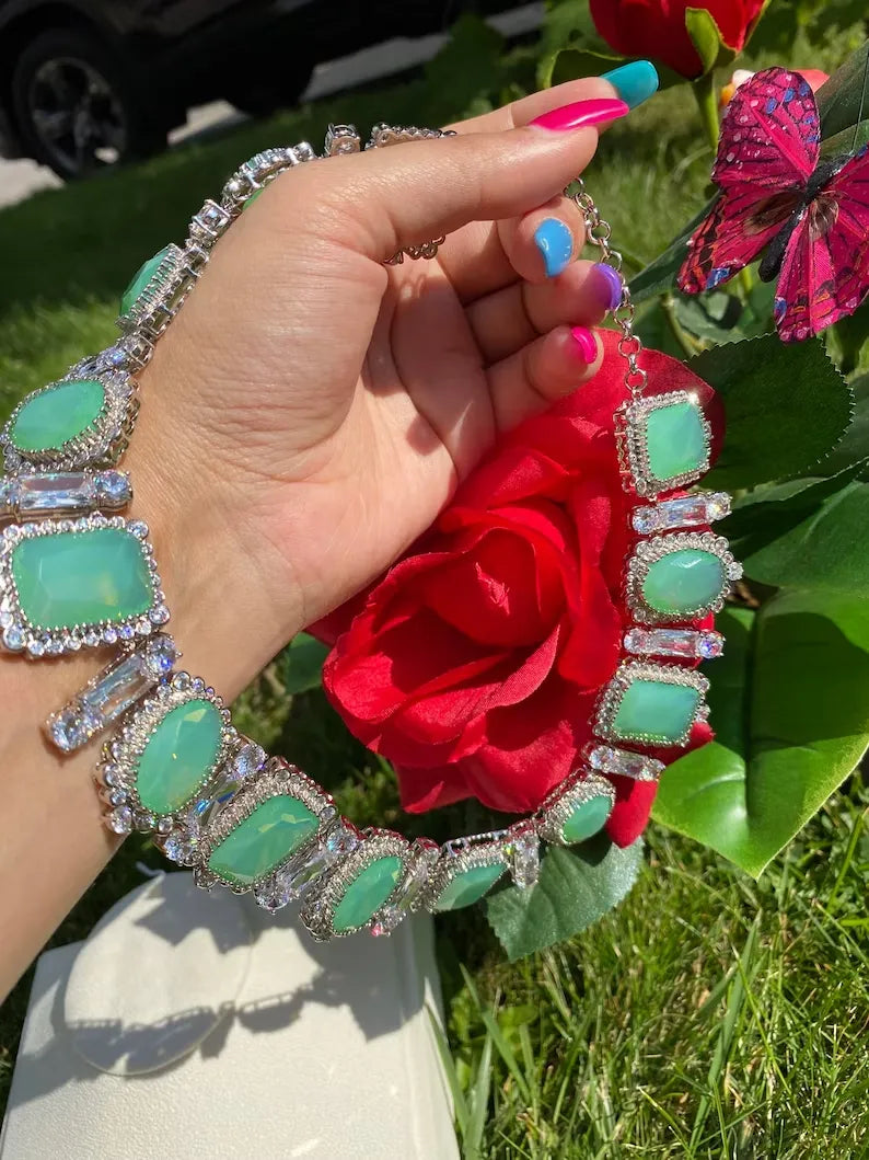 Beyond Luxury, Pale Green Natural Ethiopian Fire Opal and Diamond Choker Necklace, Palladium 925 Sterling Silver, Luxury Gift Charm Necklace