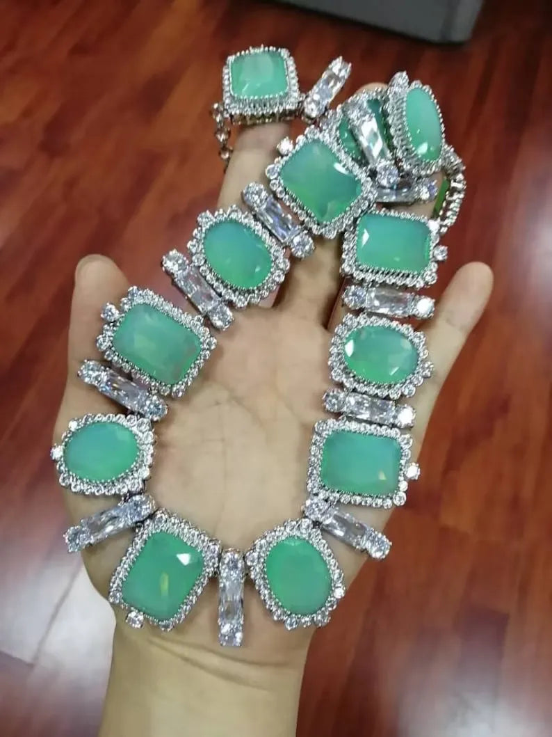 Beyond Luxury, Pale Green Natural Ethiopian Fire Opal and Diamond Choker Necklace, Palladium 925 Sterling Silver, Luxury Gift Charm Necklace