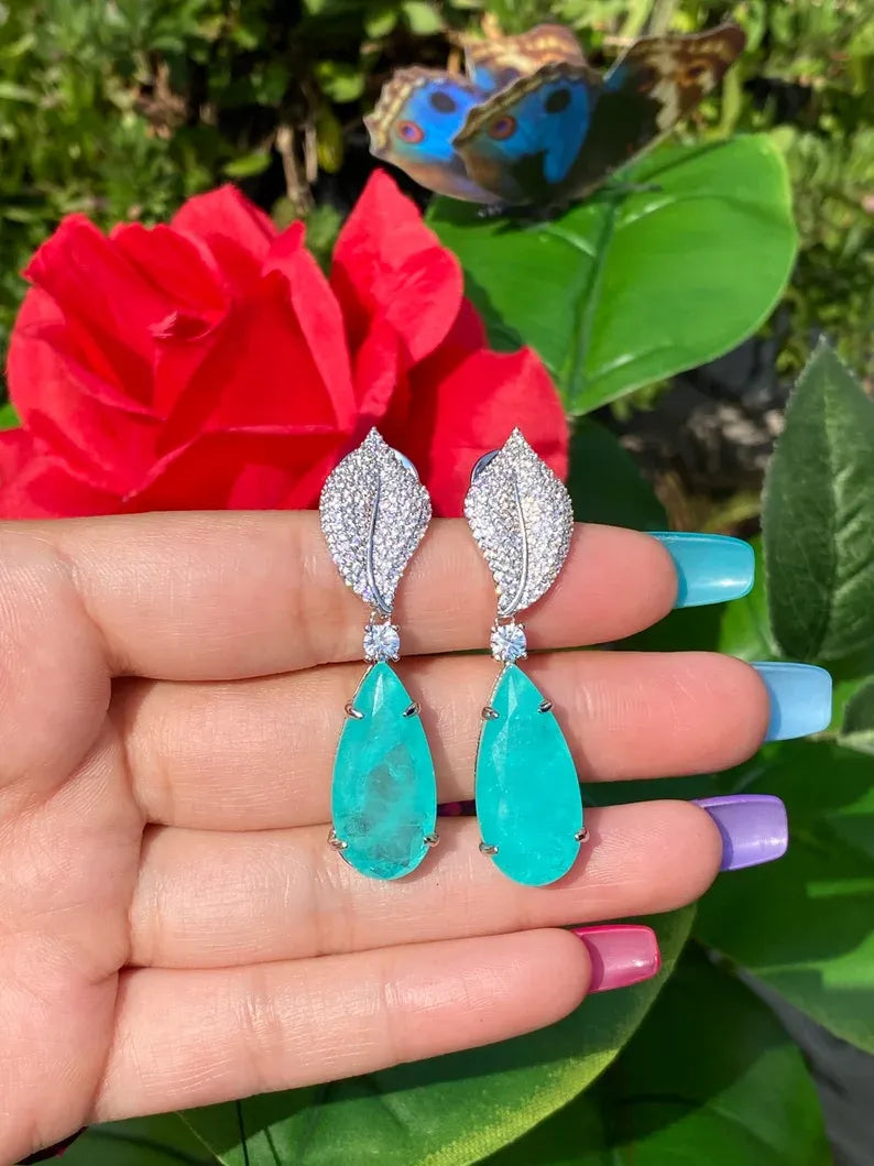 Ocean Blue Natural Paraiba Tourmaline Earrings, Dangle Drop Earrings, with Amazing Neon Blue Colour and Glow 925 Sterling Silver Leaf Design