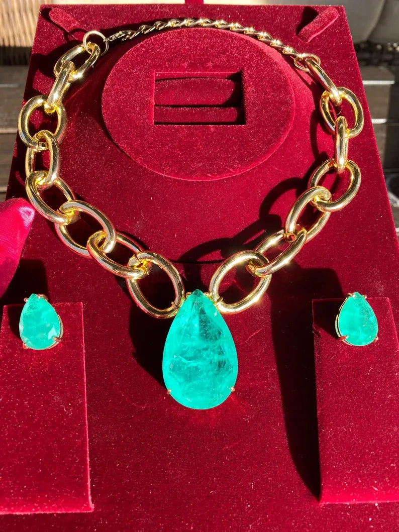 Big and Bold Ocean Blue Natural Paraiba Tourmaline Necklace Pendant Jewelry Set with Earrings, Amazing Exotic Neon Blue Color and Glow 18KGP