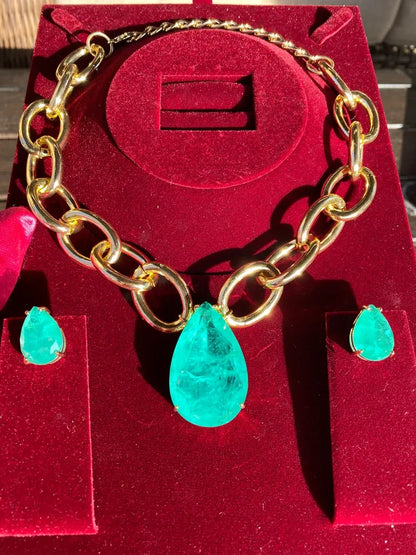 Big and Bold Ocean Blue Natural Paraiba Tourmaline Necklace Pendant Jewelry Set with Earrings, Amazing Exotic Neon Blue Color and Glow 18KGP