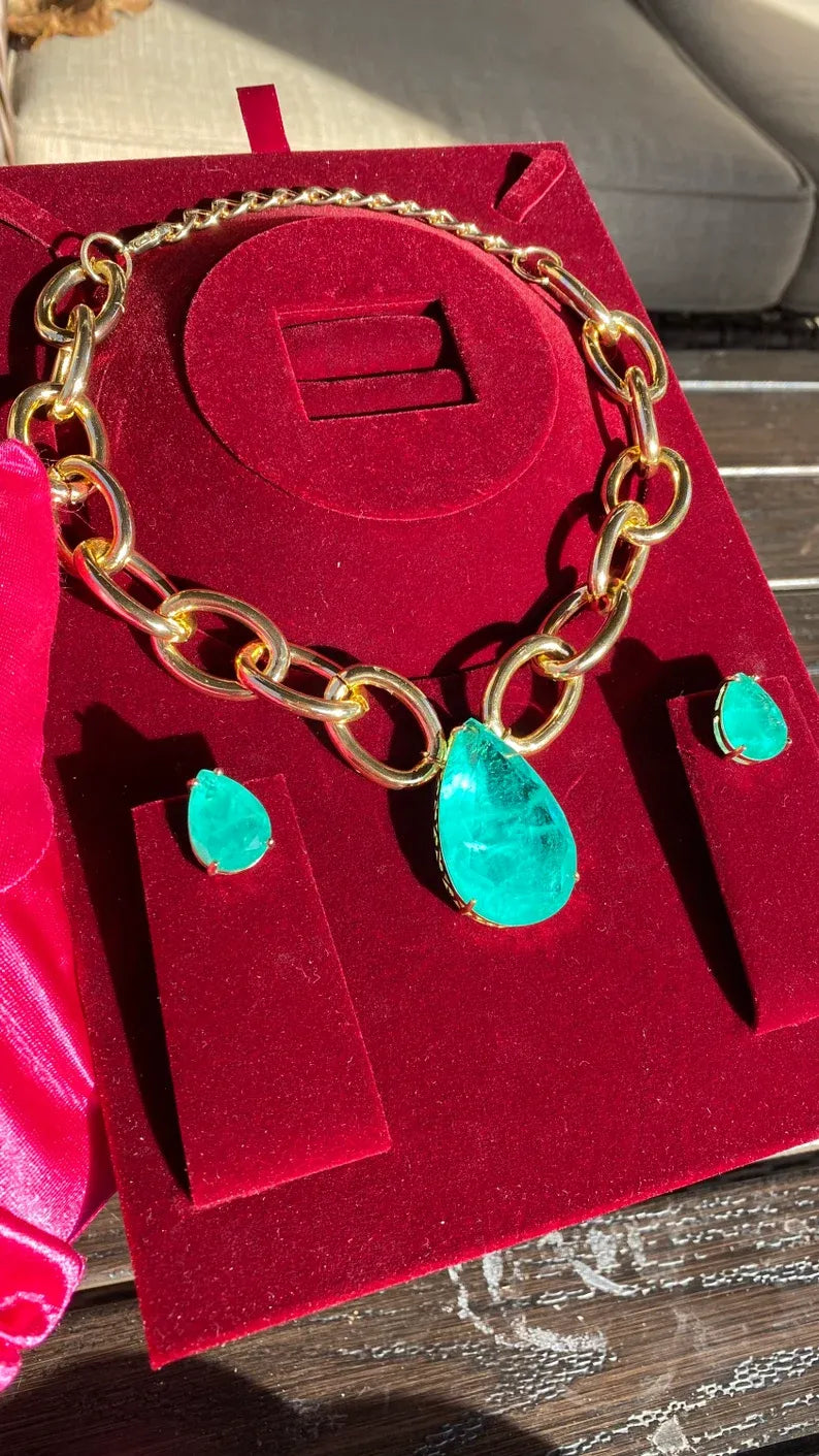 Big and Bold Ocean Blue Natural Paraiba Tourmaline Necklace Pendant Jewelry Set with Earrings, Amazing Exotic Neon Blue Color and Glow 18KGP