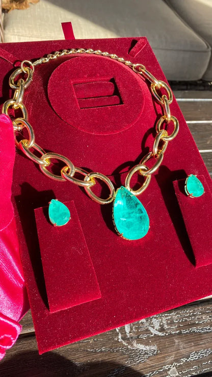 Big and Bold Ocean Blue Natural Paraiba Tourmaline Necklace Pendant Jewelry Set with Earrings, Amazing Exotic Neon Blue Color and Glow 18KGP