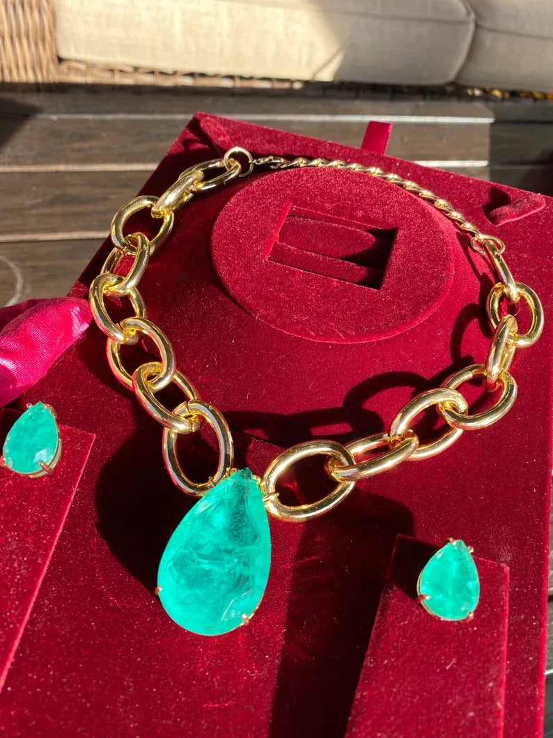 Big and Bold Ocean Blue Natural Paraiba Tourmaline Necklace Pendant Jewelry Set with Earrings, Amazing Exotic Neon Blue Color and Glow 18KGP