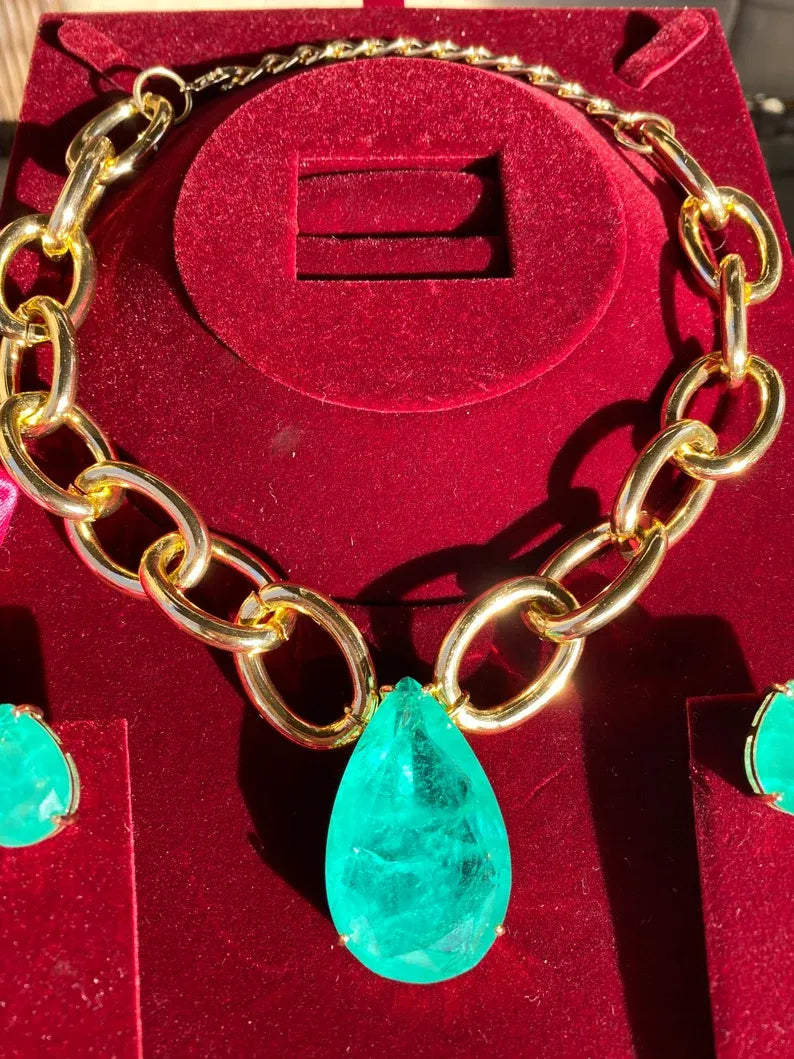 Big and Bold Ocean Blue Natural Paraiba Tourmaline Necklace Pendant Jewelry Set with Earrings, Amazing Exotic Neon Blue Color and Glow 18KGP