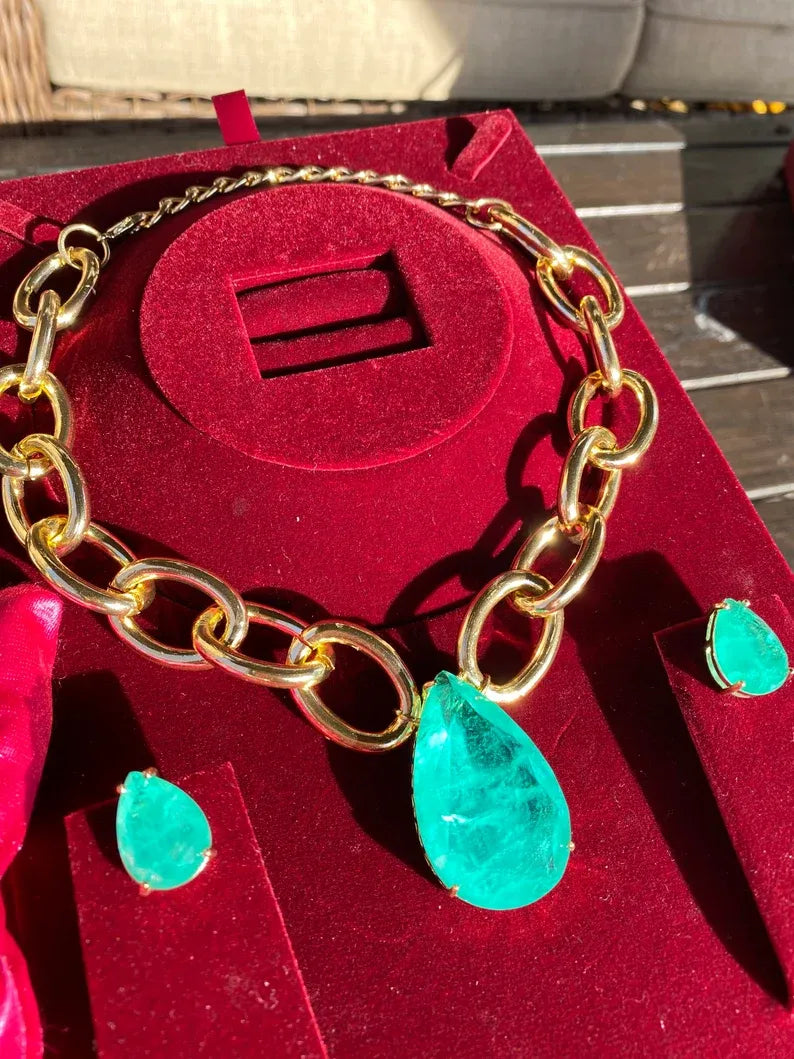 Big and Bold Ocean Blue Natural Paraiba Tourmaline Necklace Pendant Jewelry Set with Earrings, Amazing Exotic Neon Blue Color and Glow 18KGP