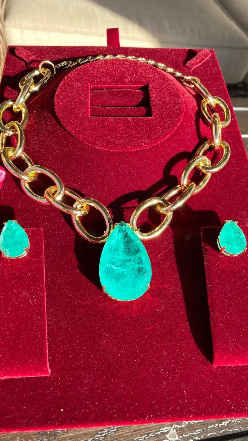 Big and Bold Ocean Blue Natural Paraiba Tourmaline Necklace Pendant Jewelry Set with Earrings, Amazing Exotic Neon Blue Color and Glow 18KGP