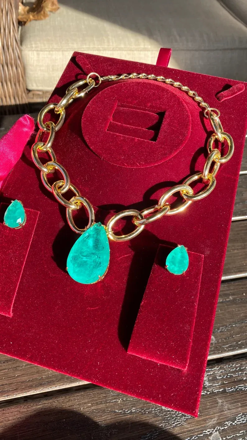 Big and Bold Ocean Blue Natural Paraiba Tourmaline Necklace Pendant Jewelry Set with Earrings, Amazing Exotic Neon Blue Color and Glow 18KGP