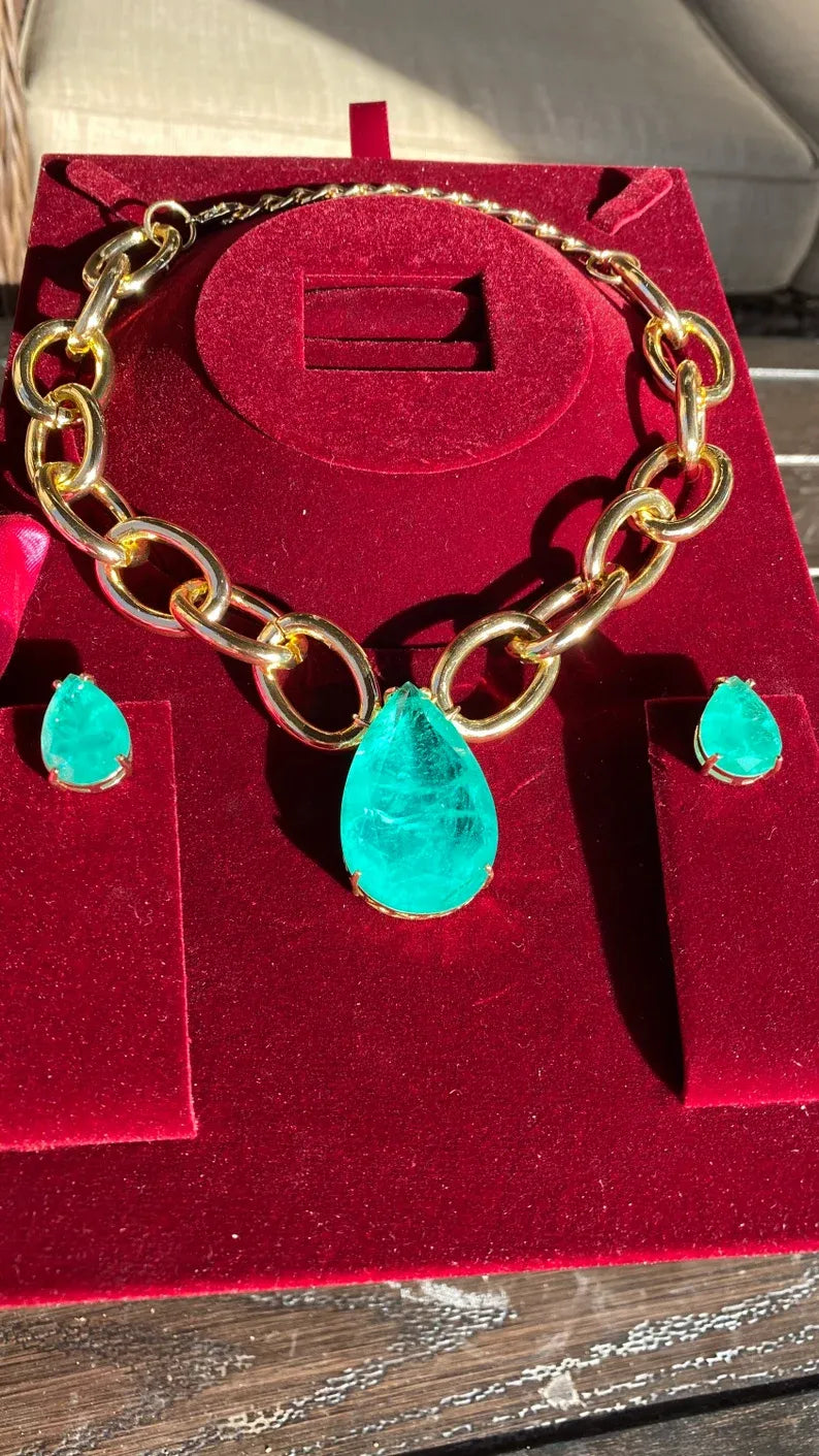 Big and Bold Ocean Blue Natural Paraiba Tourmaline Necklace Pendant Jewelry Set with Earrings, Amazing Exotic Neon Blue Color and Glow 18KGP