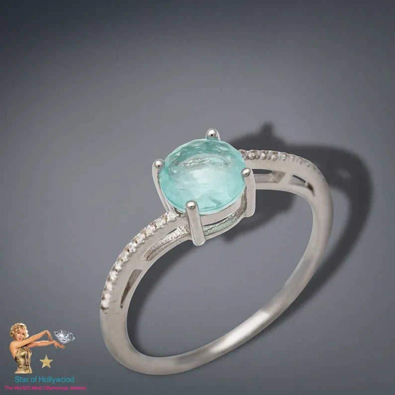Sweet Dainty 1ct Natural Aquamarine &amp; 22pcs Diamond Ring in 925 Sterling Silver, Solitaire Engagement Ring, Promise Ring, Wedding Ring