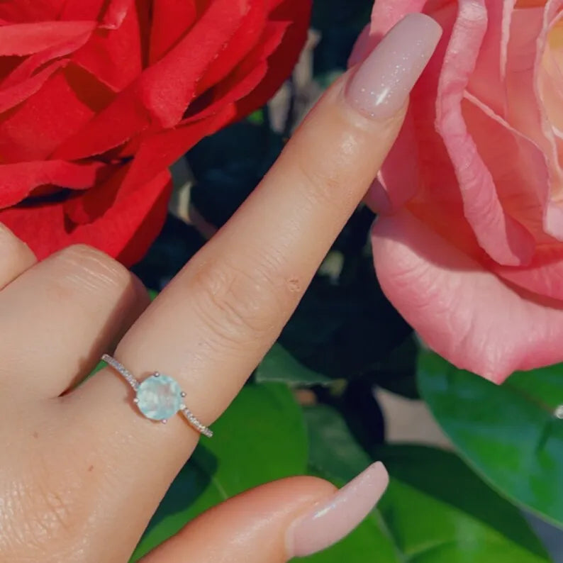 Minimalist Dainty 1ct Natural Aquamarine &amp; 22pcs Diamond Ring in 925 Sterling Silver, Solitaire Engagement Ring, Promise Ring, Wedding Ring