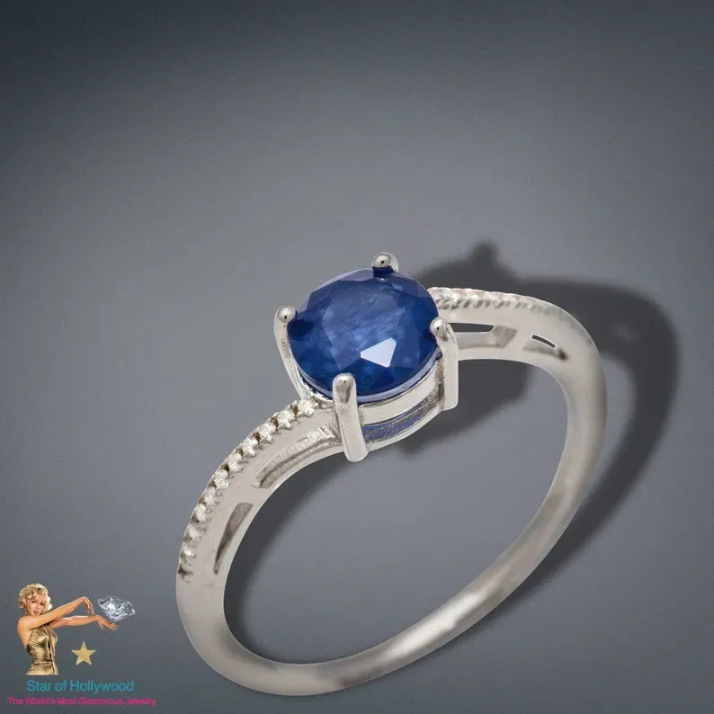 Solitaire 1ct Round Natural Mozambique Blue Sapphire &amp; Diamond Ring, 925 Sterling Silver, Engagement Wedding Ring, Dainty Ring, Promise Ring