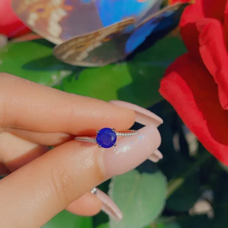 Solitaire 1ct Round Natural Mozambique Blue Sapphire &amp; Diamond Ring, 925 Sterling Silver, Engagement Wedding Ring, Dainty Ring, Promise Ring