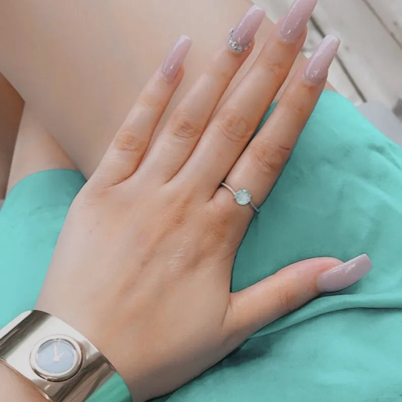 Sweet Dainty 1ct Natural Aquamarine &amp; 22pcs Diamond Ring in 925 Sterling Silver, Solitaire Engagement Ring, Promise Ring, Wedding Ring