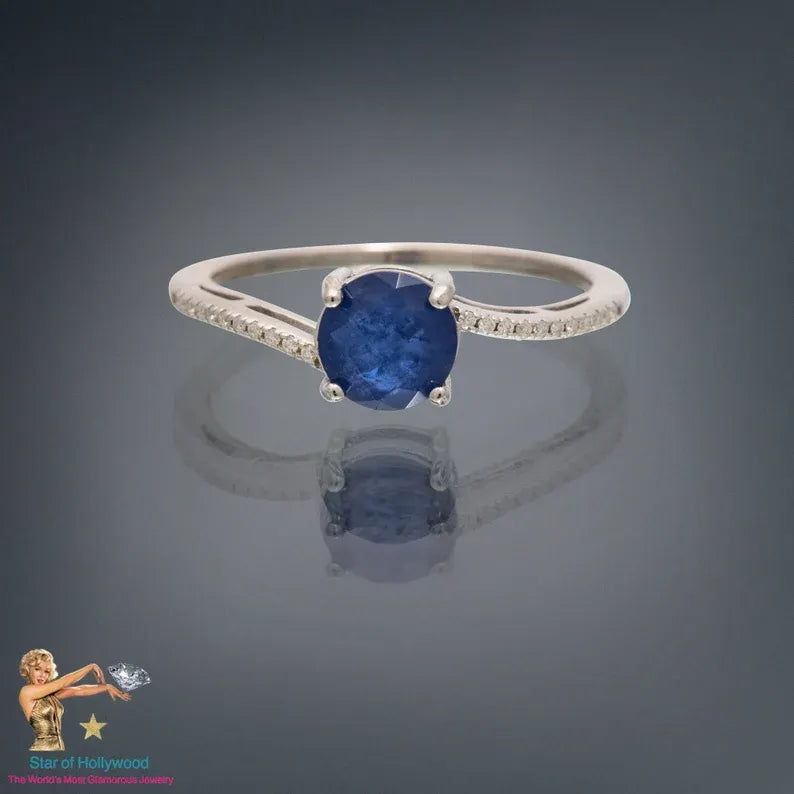 Solitaire 1ct Round Natural Mozambique Blue Sapphire &amp; Diamond Ring, 925 Sterling Silver, Engagement Wedding Ring, Dainty Ring, Promise Ring